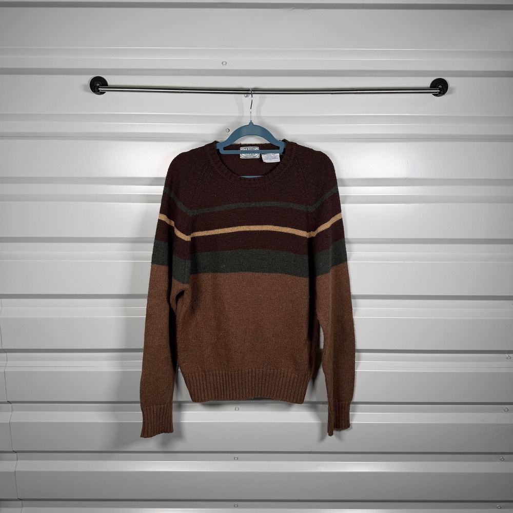 IZOD Lacoste Men's Striped Crew Neck Sweater Brown Green Tan Size M